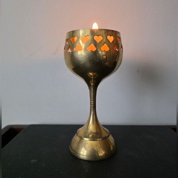 Vintage Brass Candle Holder Voltive Tea Heart Shape Punch Goblet Style 5.5'H - Picture 1 of 7